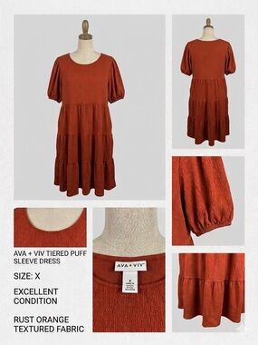 Ava & Viv Rust Orange Tiered Puff-Sleeve Dress